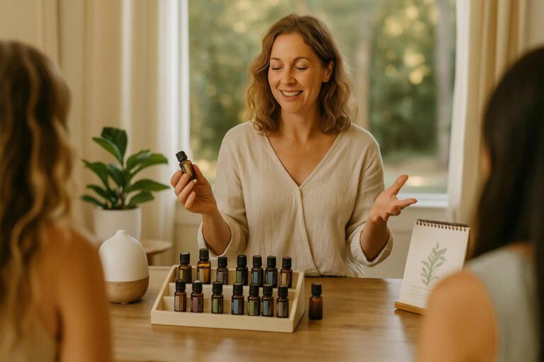 Atelier doTERRA avec huiles essentielles présenté par une formatrice souriante dans un cadre naturel